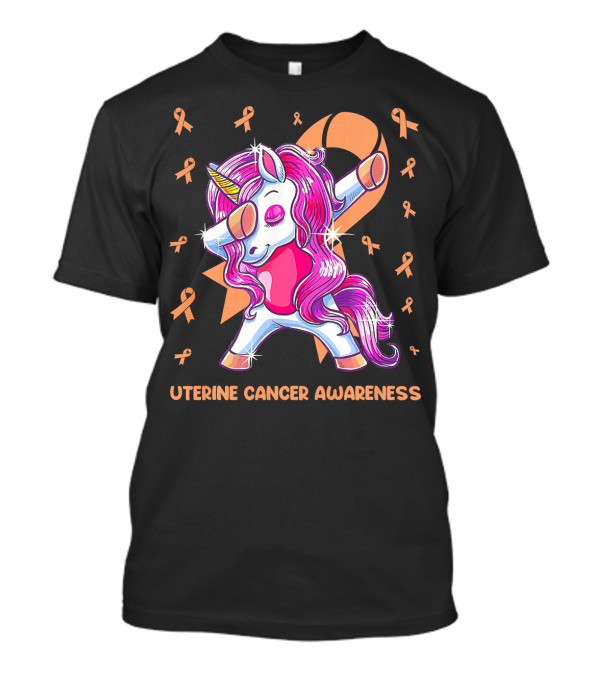 Dabbing Unicorn With Pink Ribbon For Uterine Cancer Awareness T-Shirt