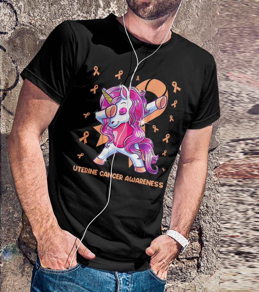 Dabbing Unicorn With Pink Ribbon For Uterine Cancer Awareness T-Shirt