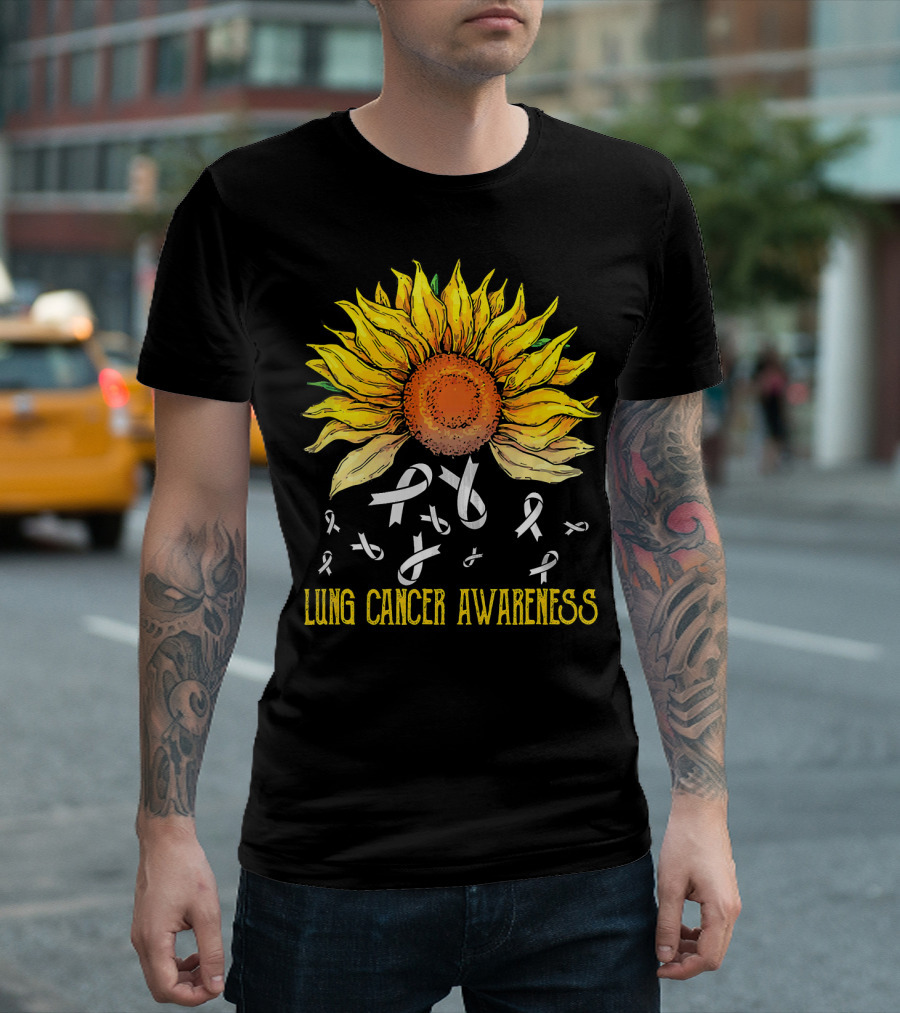Lung Cancer Awareness Sunflower with White Ribbons T-Shirt