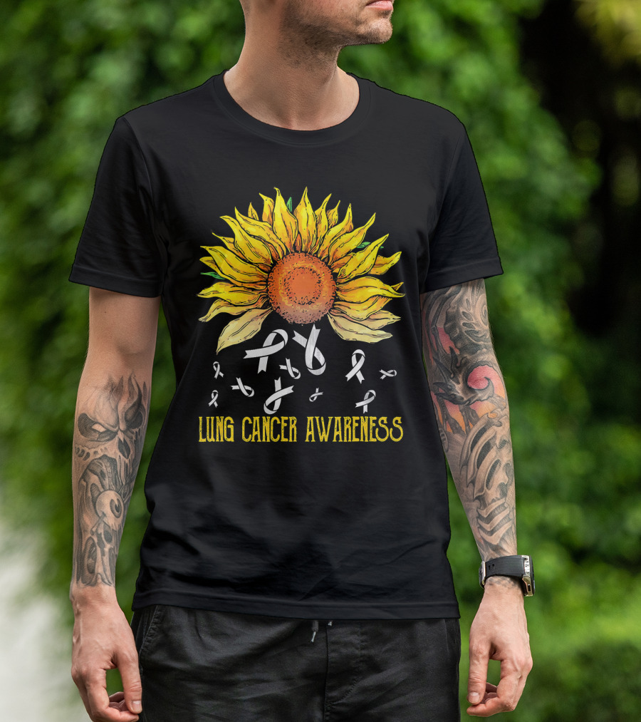 Lung Cancer Awareness Sunflower With White Ribbons T-Shirt