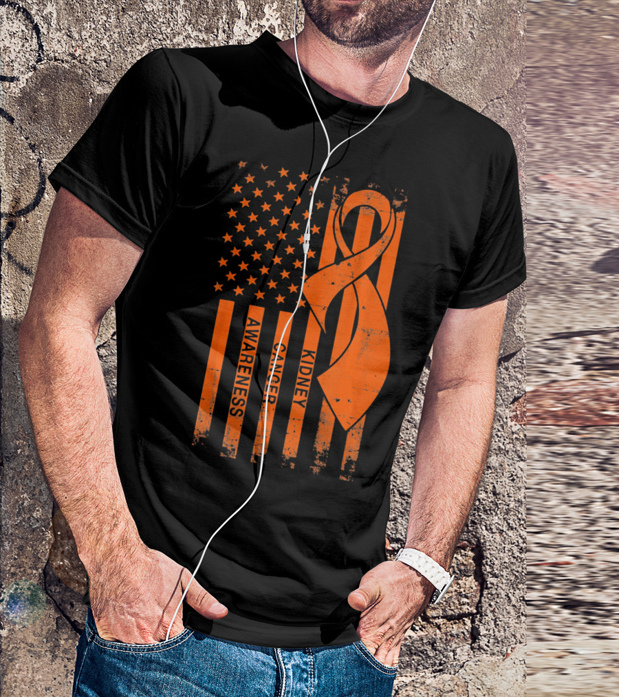 Kidney Cancer Awareness Orange Ribbon American Flag T-Shirt