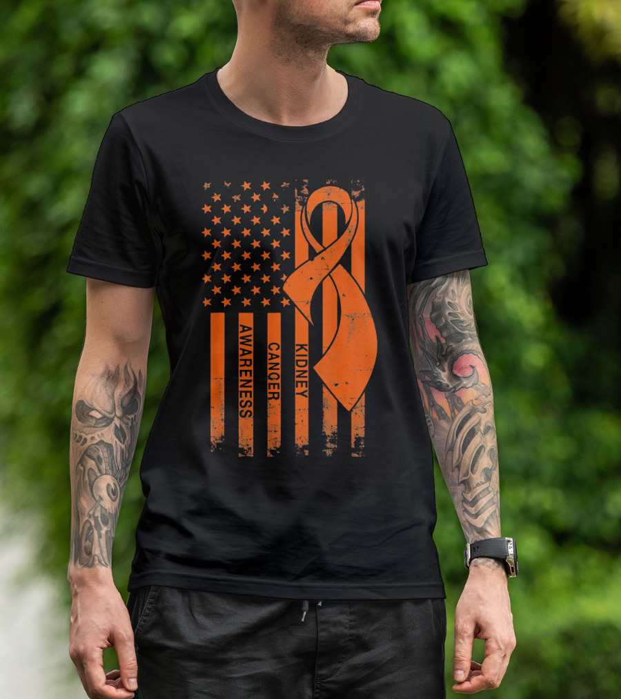 Kidney Cancer Awareness Orange Ribbon American Flag T-Shirt