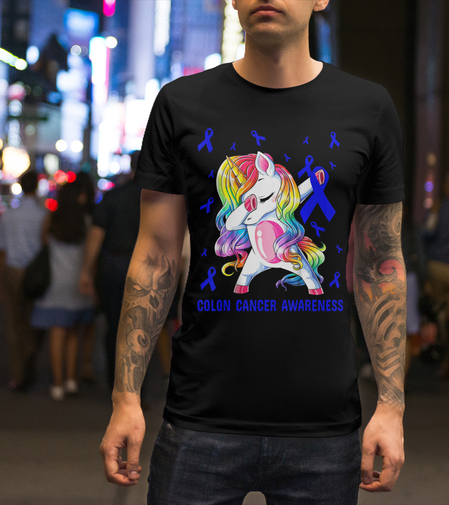 Colon Cancer Awareness Unicorn Dabbing With Blue Ribbons T-Shirt