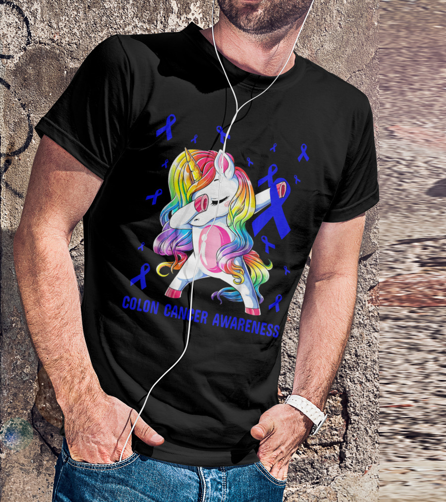 Colon Cancer Awareness Unicorn Dabbing With Blue Ribbons T-Shirt