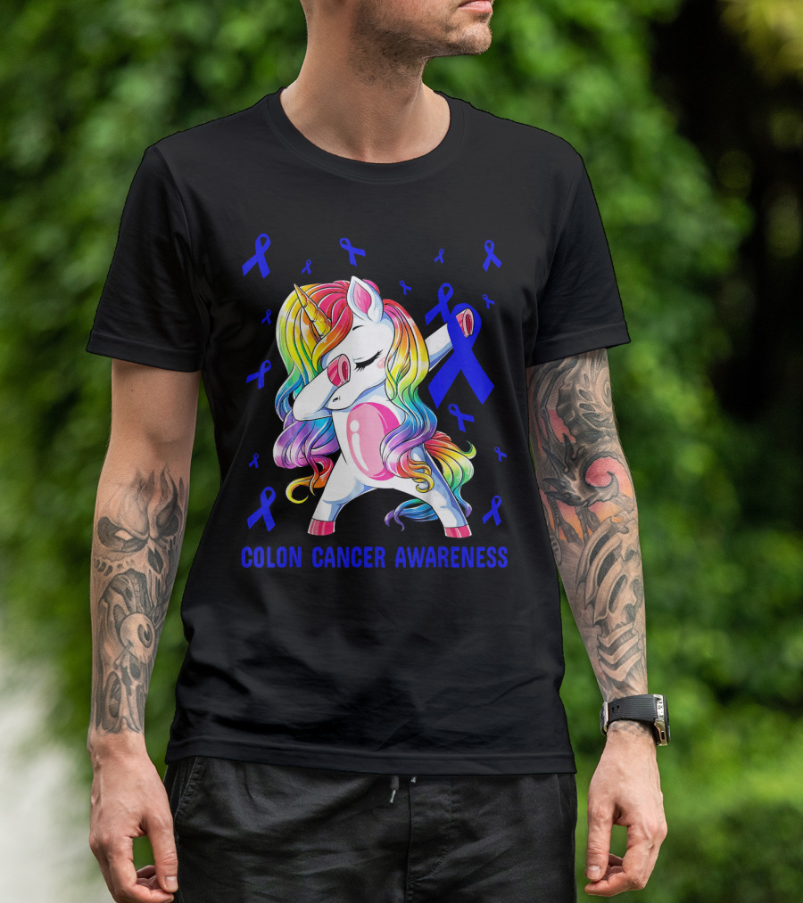Colon Cancer Awareness Unicorn Dabbing With Blue Ribbons T-Shirt