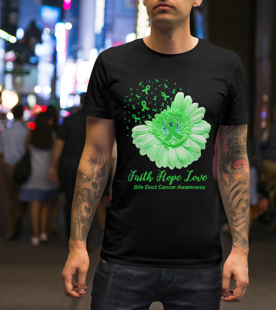 Faith Hope Love Bile Duct Cancer Awareness Flower T-Shirt
