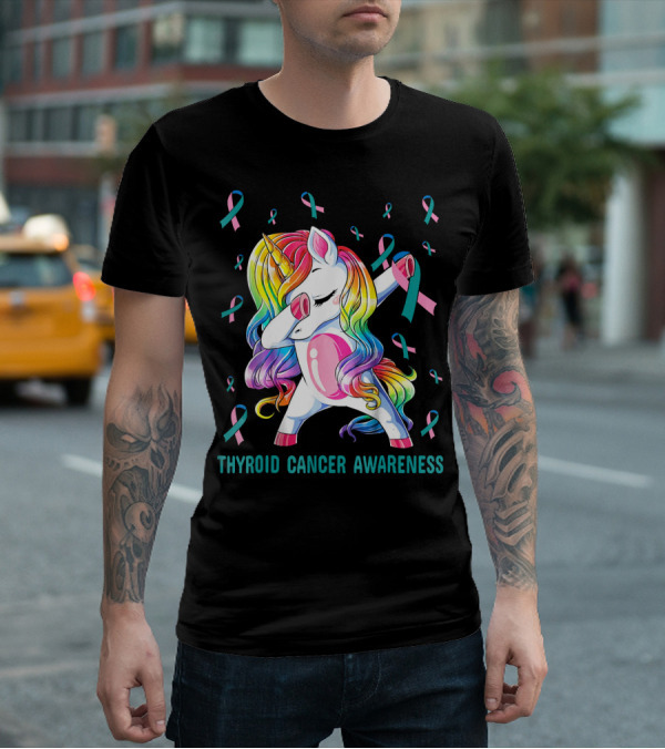 Dabbing Unicorn Rainbow Thyroid Cancer Awareness T-Shirt