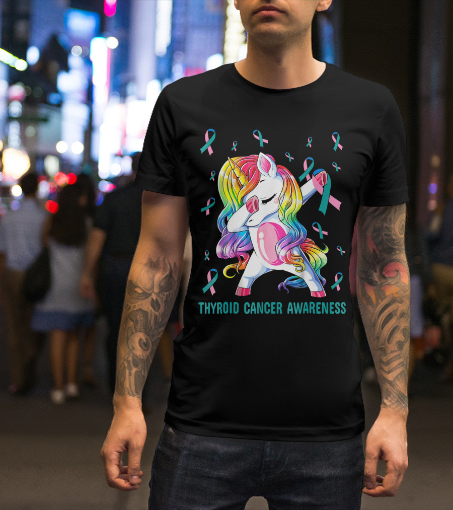 Dabbing Unicorn Rainbow Thyroid Cancer Awareness T-Shirt
