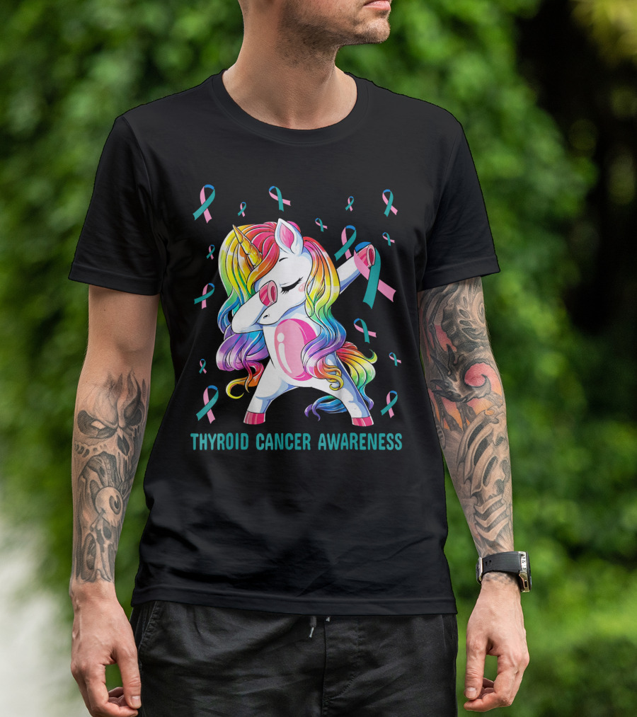 Dabbing Unicorn Rainbow Thyroid Cancer Awareness T-Shirt