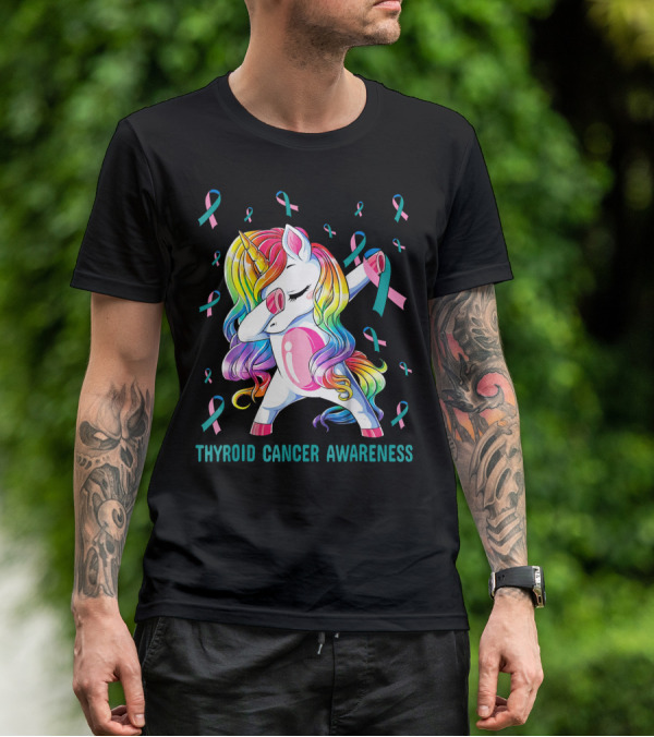 Dabbing Unicorn Rainbow Thyroid Cancer Awareness T-Shirt