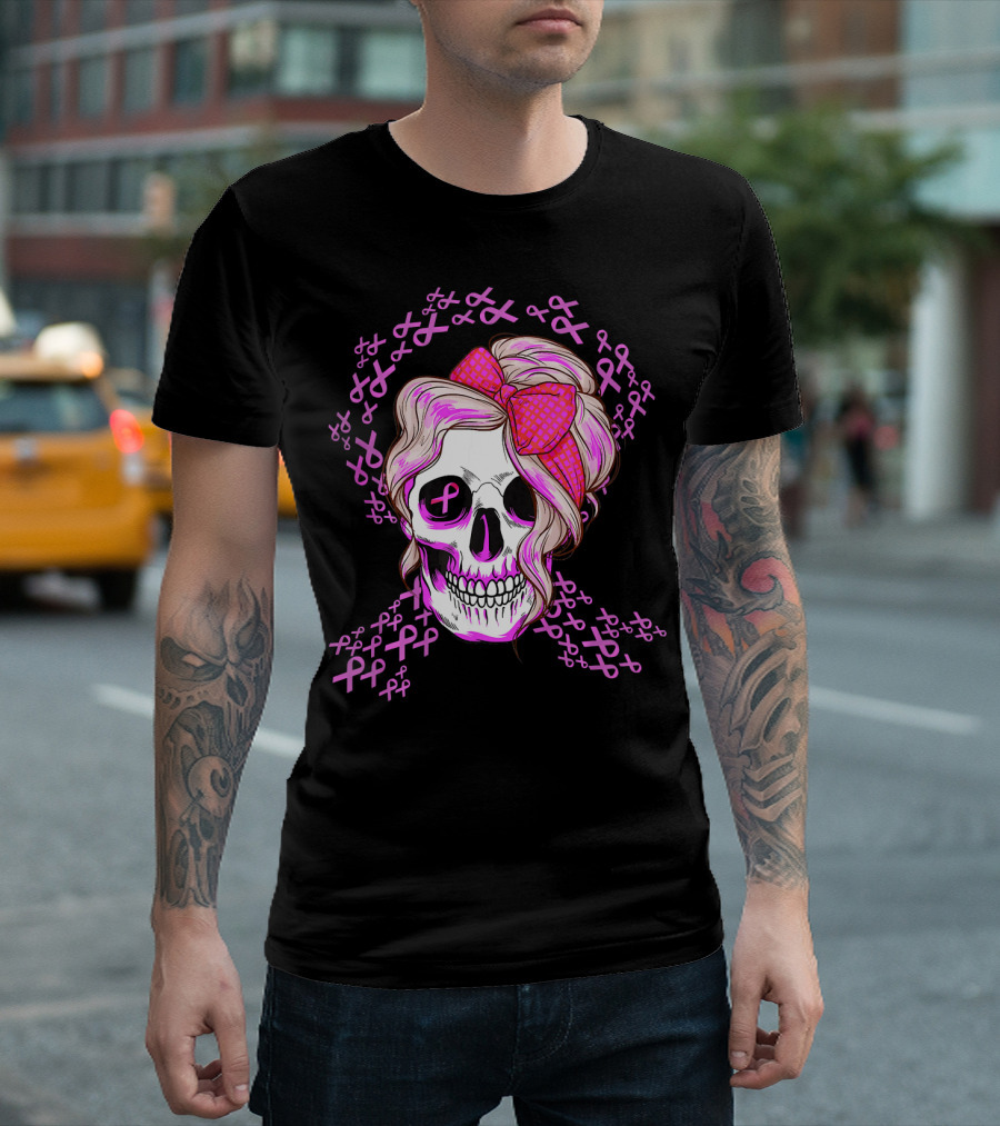 Sugar Skull Pink Ribbon Breast Cancer Awareness T-Shirt