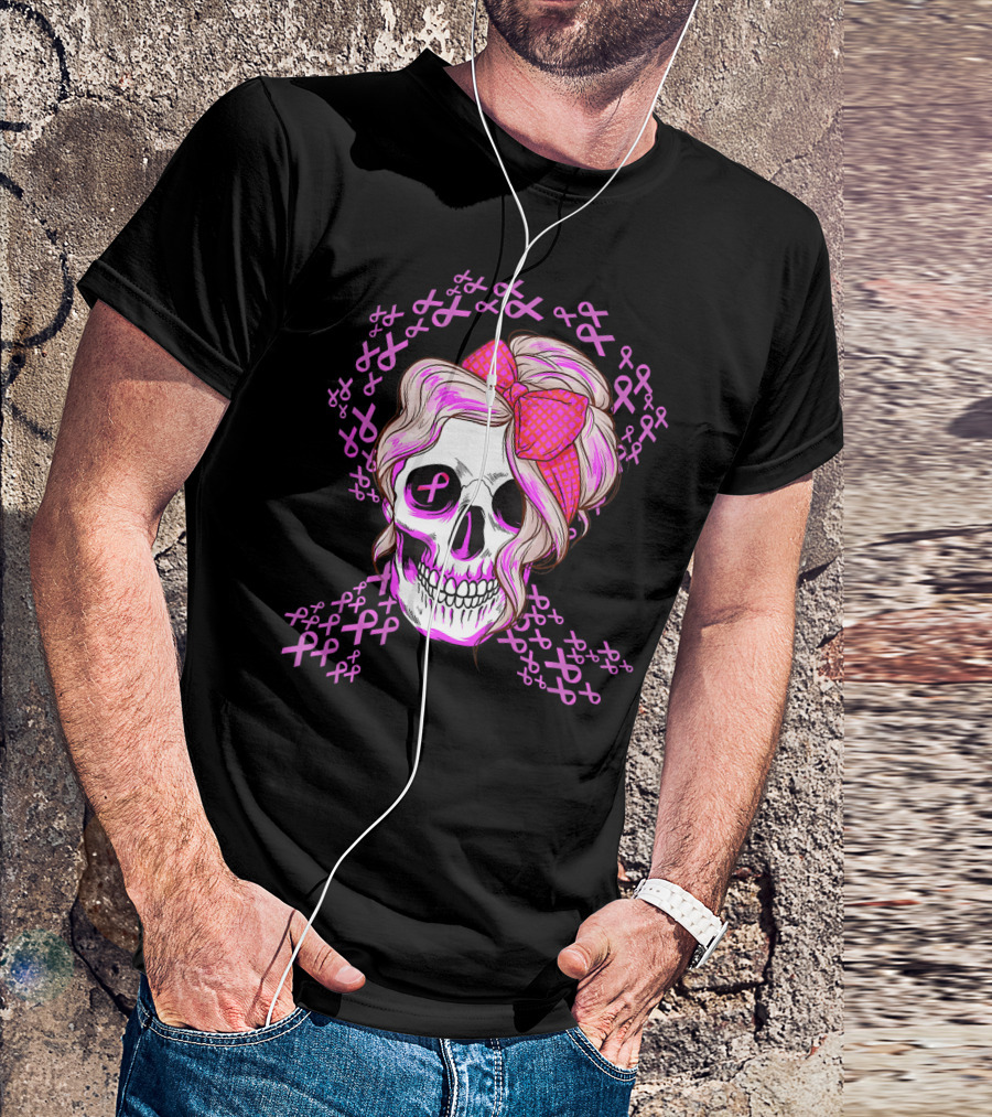 Sugar Skull Pink Ribbon Breast Cancer Awareness T-Shirt