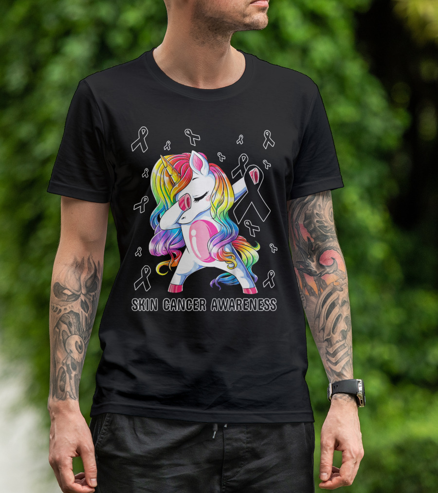 Skin Cancer Awareness Unicorn Dabbing With Ribbons T-Shirt
