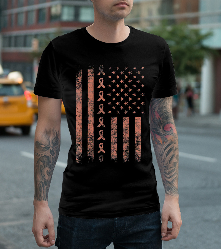 Uterine Cancer Awareness Ribbon American Flag Peac T-Shirt