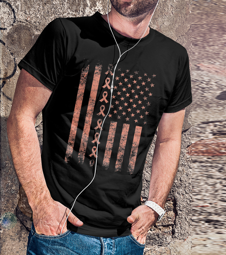 Uterine Cancer Awareness Ribbon American Flag Peac T-Shirt
