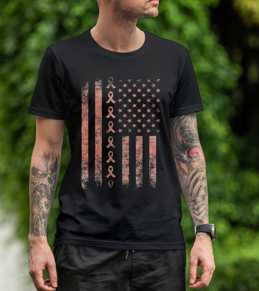 Uterine Cancer Awareness Ribbon American Flag Peac T-Shirt