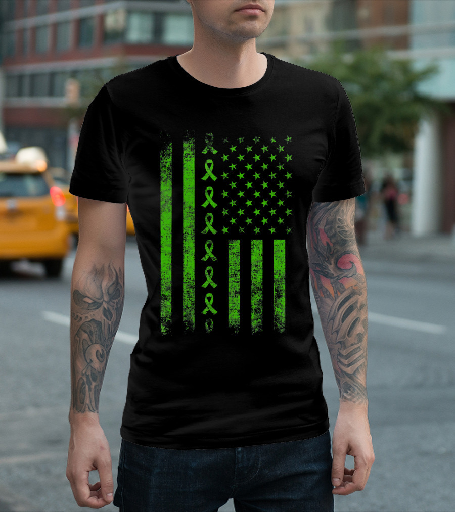 Lymphoma Cancer Awareness Lime Green Ribbon American Flag T-Shirt