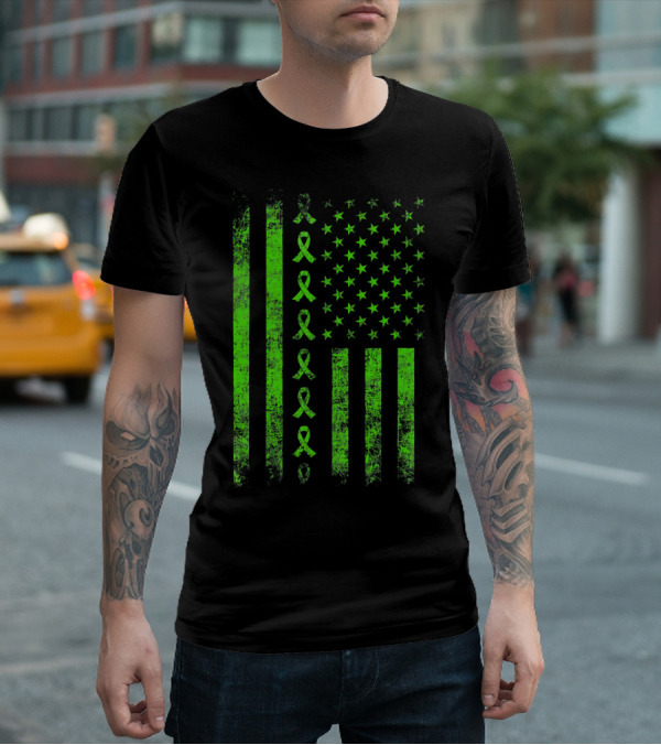 Lymphoma Cancer Awareness Lime Green Ribbon American Flag T-Shirt