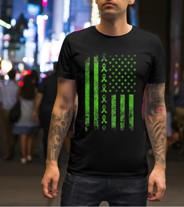 Lymphoma Cancer Awareness Lime Green Ribbon American Flag T-Shirt