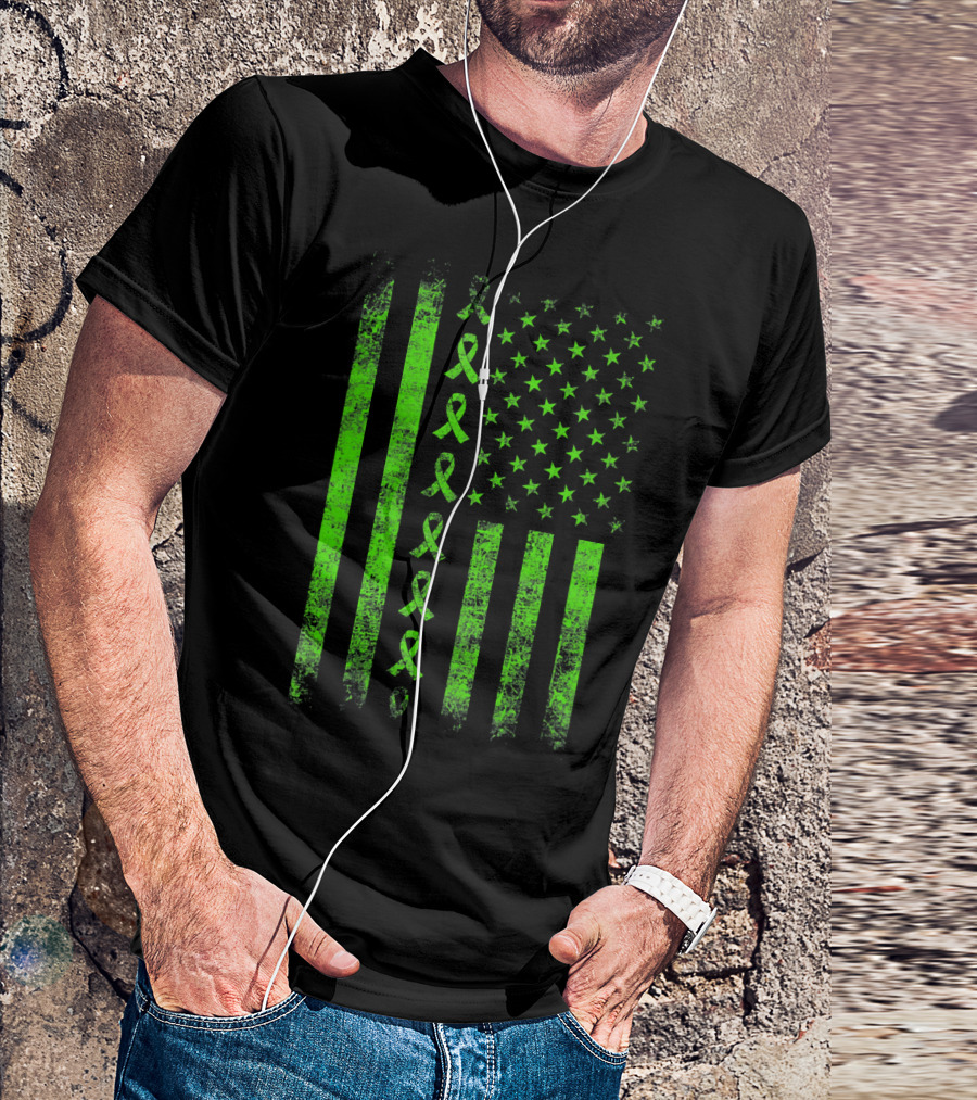 Lymphoma Cancer Awareness Lime Green Ribbon American Flag T-Shirt
