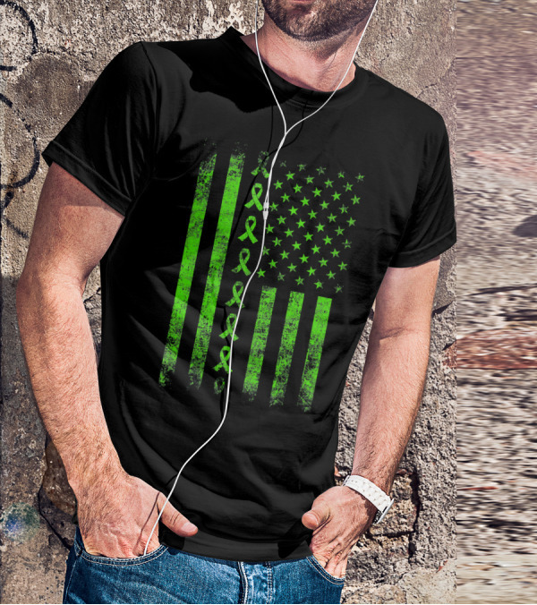 Lymphoma Cancer Awareness Lime Green Ribbon American Flag T-Shirt