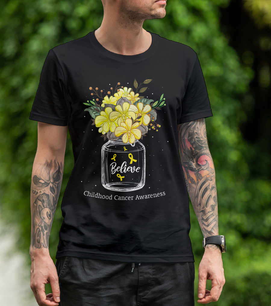 Believe Yellow Ribbon Childhood Cancer Awareness Flower Bouquet T-Shirt