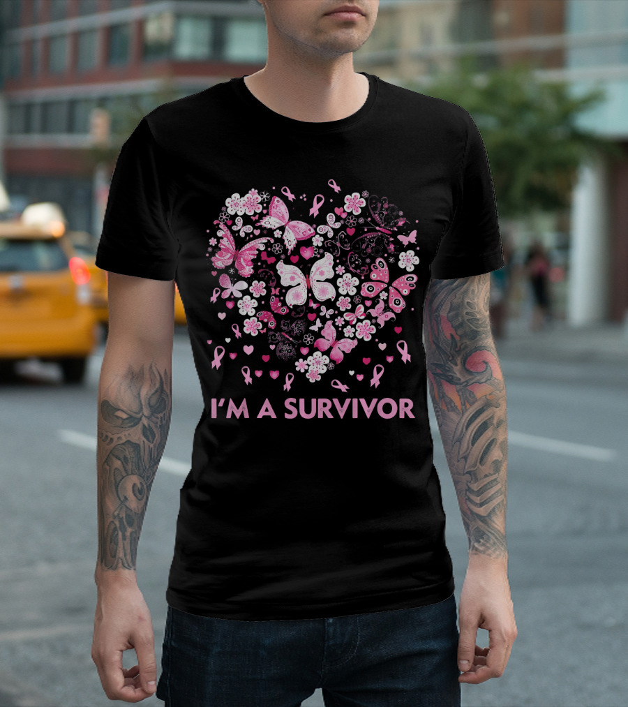 I'm A Survivor Heart Pink Ribbon Butterfly Flowers T-Shirt
