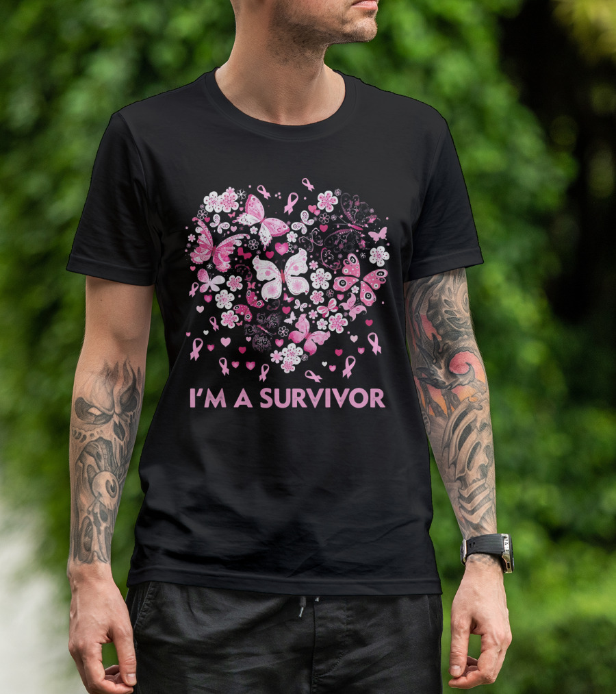 I'm A Survivor Heart Pink Ribbon Butterfly Flowers T-Shirt