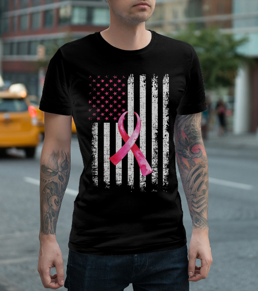 Breast Cancer Awareness Pink Ribbon American Flag Fight T-Shirt