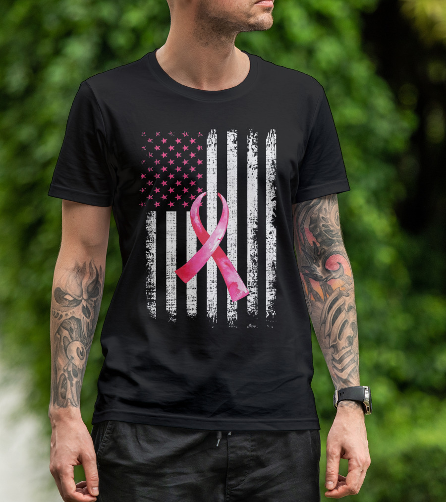 Breast Cancer Awareness Pink Ribbon American Flag Fight T-Shirt