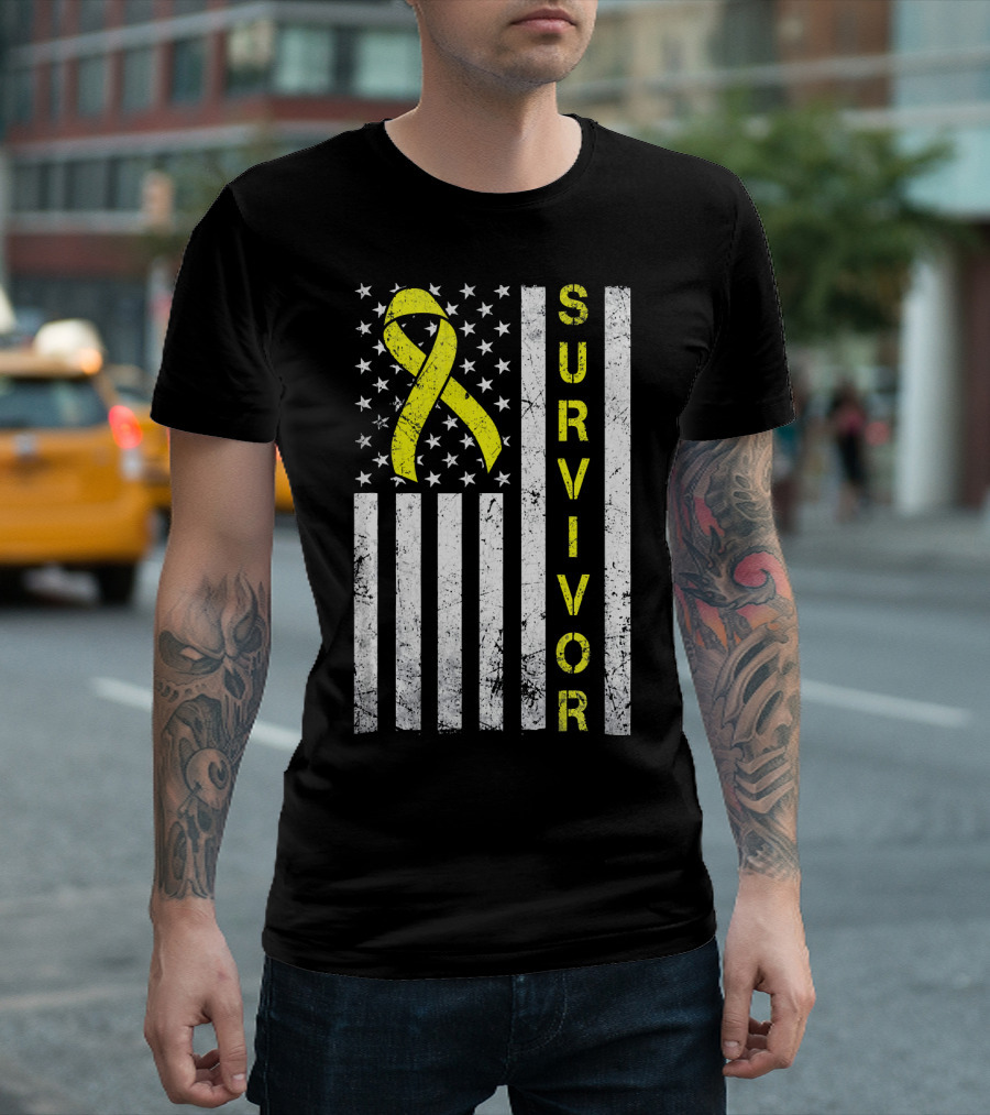 Survivor Yellow Ribbon USA Flag Childhood Cancer Awareness T-Shirt