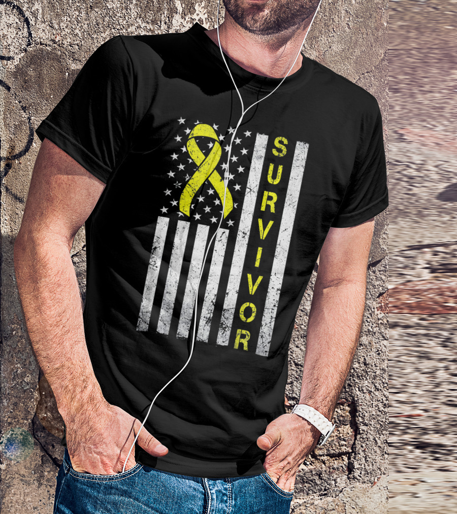 Survivor Yellow Ribbon USA Flag Childhood Cancer Awareness T-Shirt