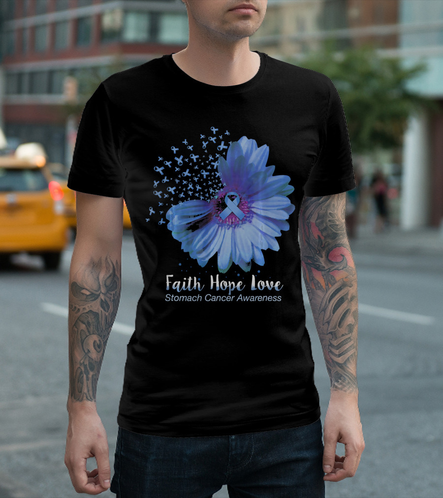 Faith Hope Love Stomach Cancer Awareness Blue Flower T-Shirt