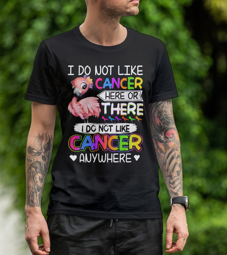 I Do Not Like Cancer Here Or There I Do Not Like Cancer Anywhere Flamingo Rainbow Ribbons T-Shirt