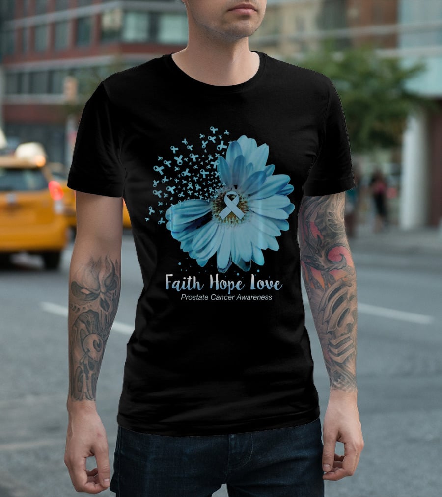 Faith Hope Love Prostate Cancer Awareness Blue Ribbon Flower T-Shirt
