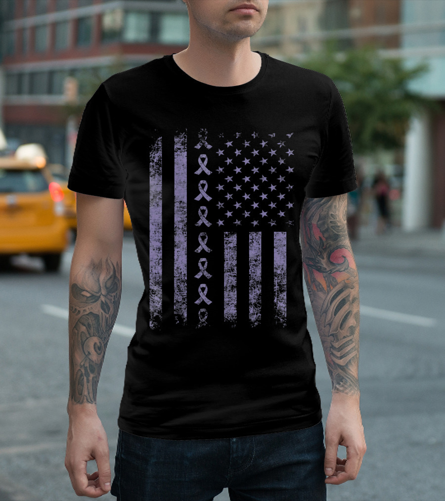 Orchid Testicular Cancer Awareness Purple Ribbon US Flag T-Shirt