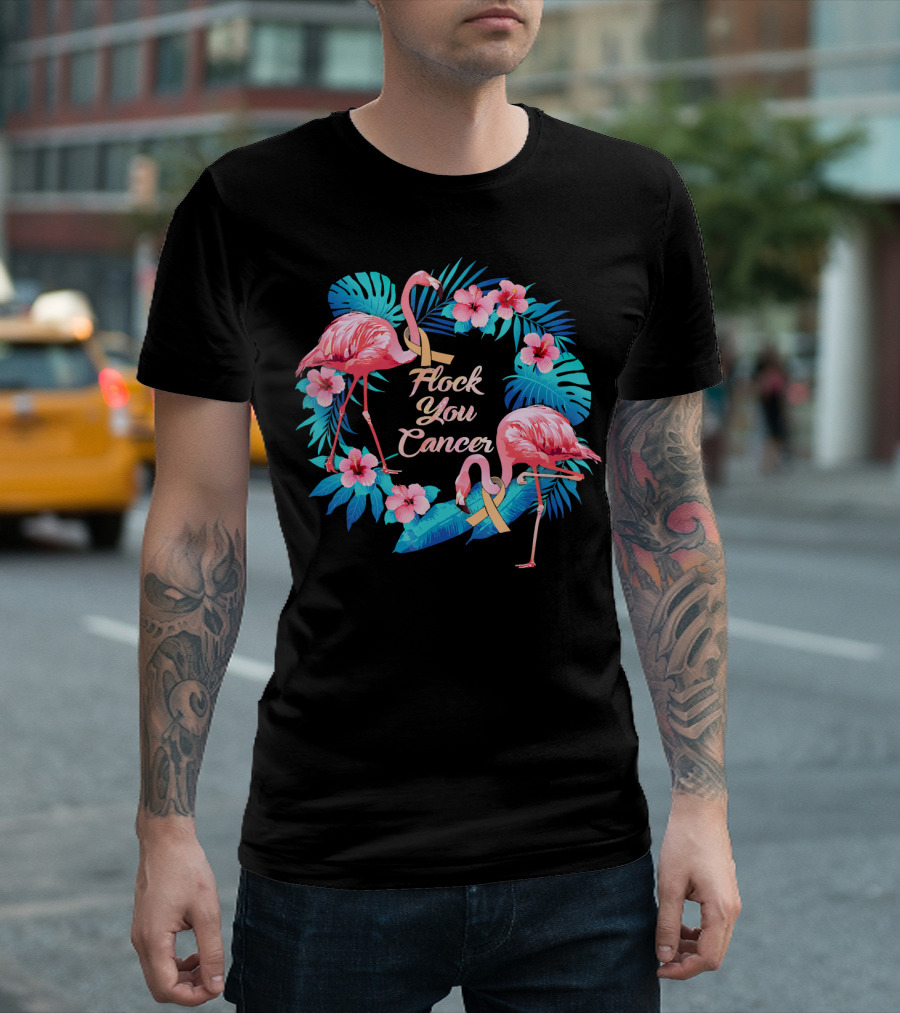 Flock You Cancer Funny Uterine Cancer Awareness Flamingo Floral T-Shirt