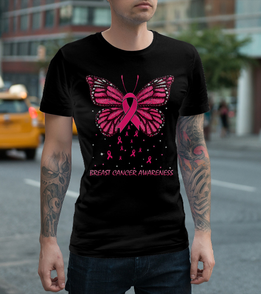 Breast Cancer Awareness Butterfly Ribbon and Stars T-Shirt