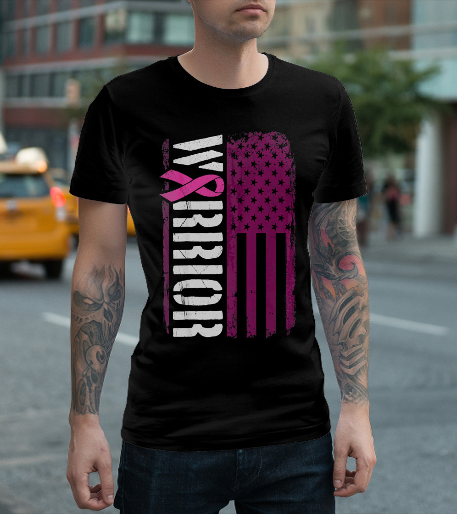 WARRIOR Breast Cancer Awareness Pink Ribbon American Flag T-Shirt