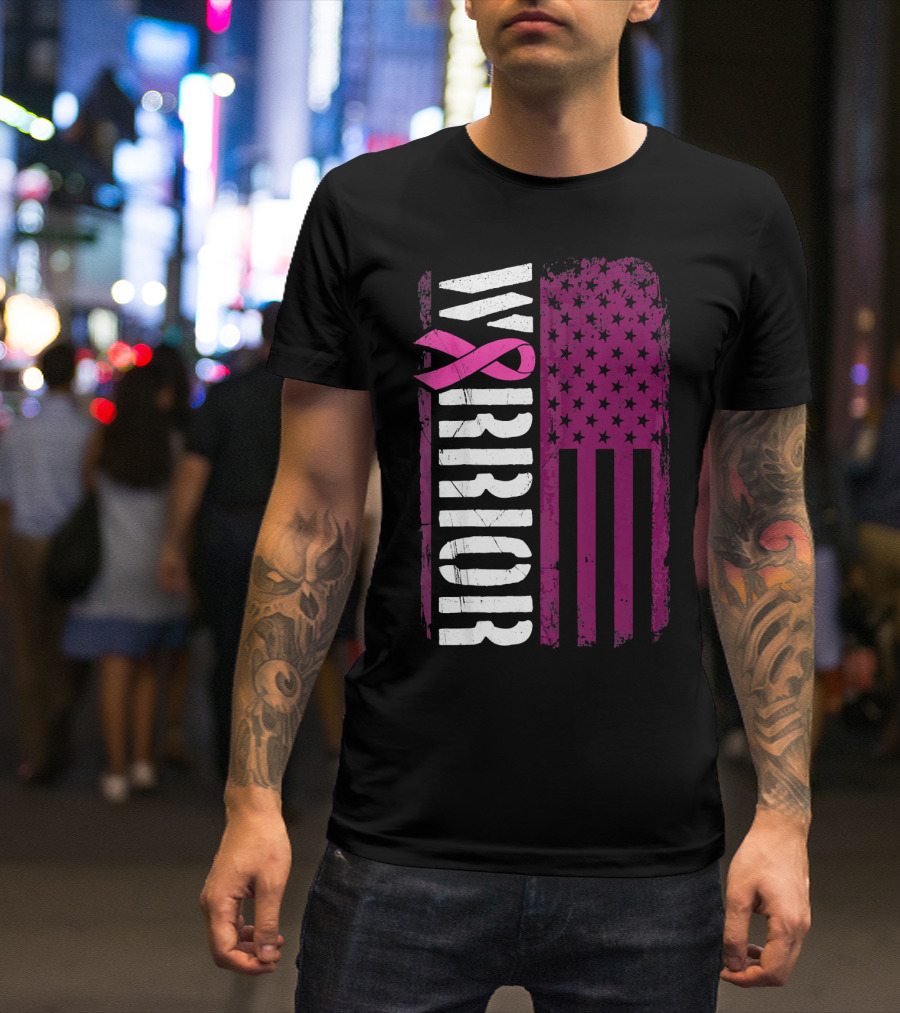 WARRIOR Breast Cancer Awareness Pink Ribbon American Flag T-Shirt