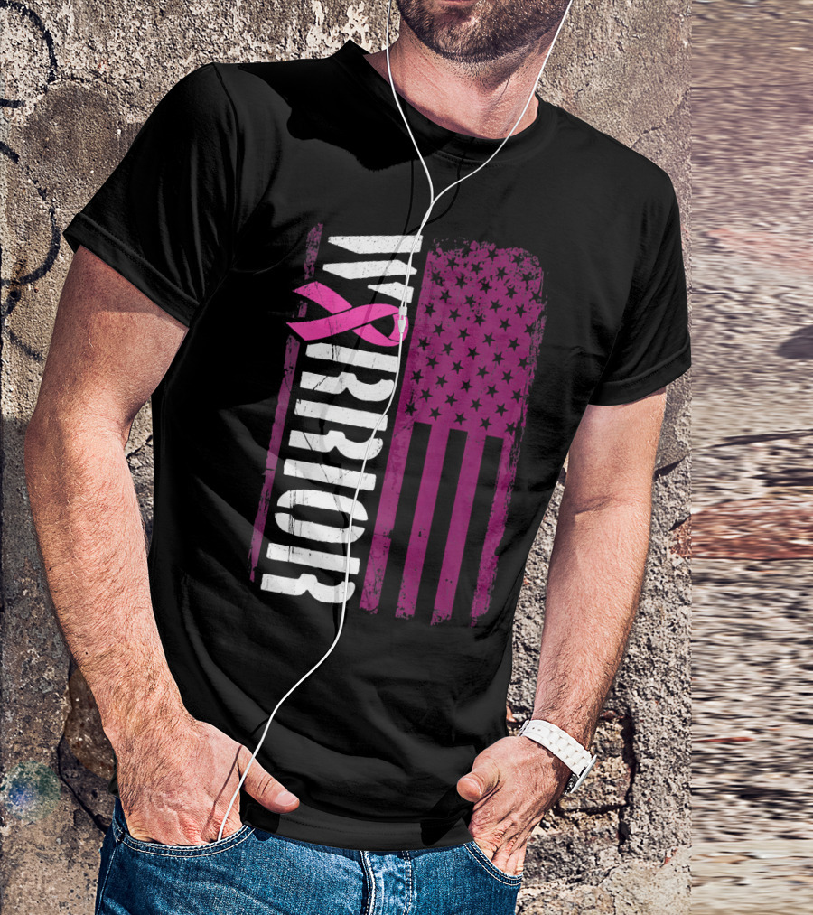 WARRIOR Breast Cancer Awareness Pink Ribbon American Flag T-Shirt