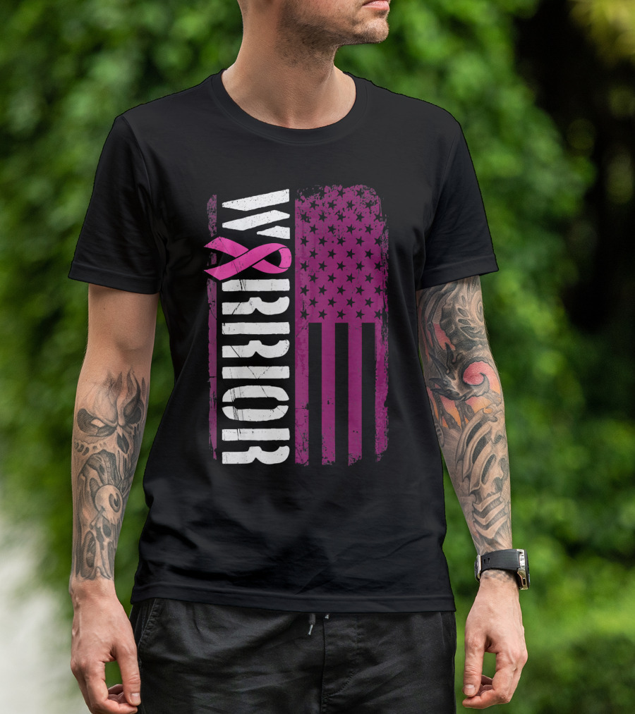 WARRIOR Breast Cancer Awareness Pink Ribbon American Flag T-Shirt