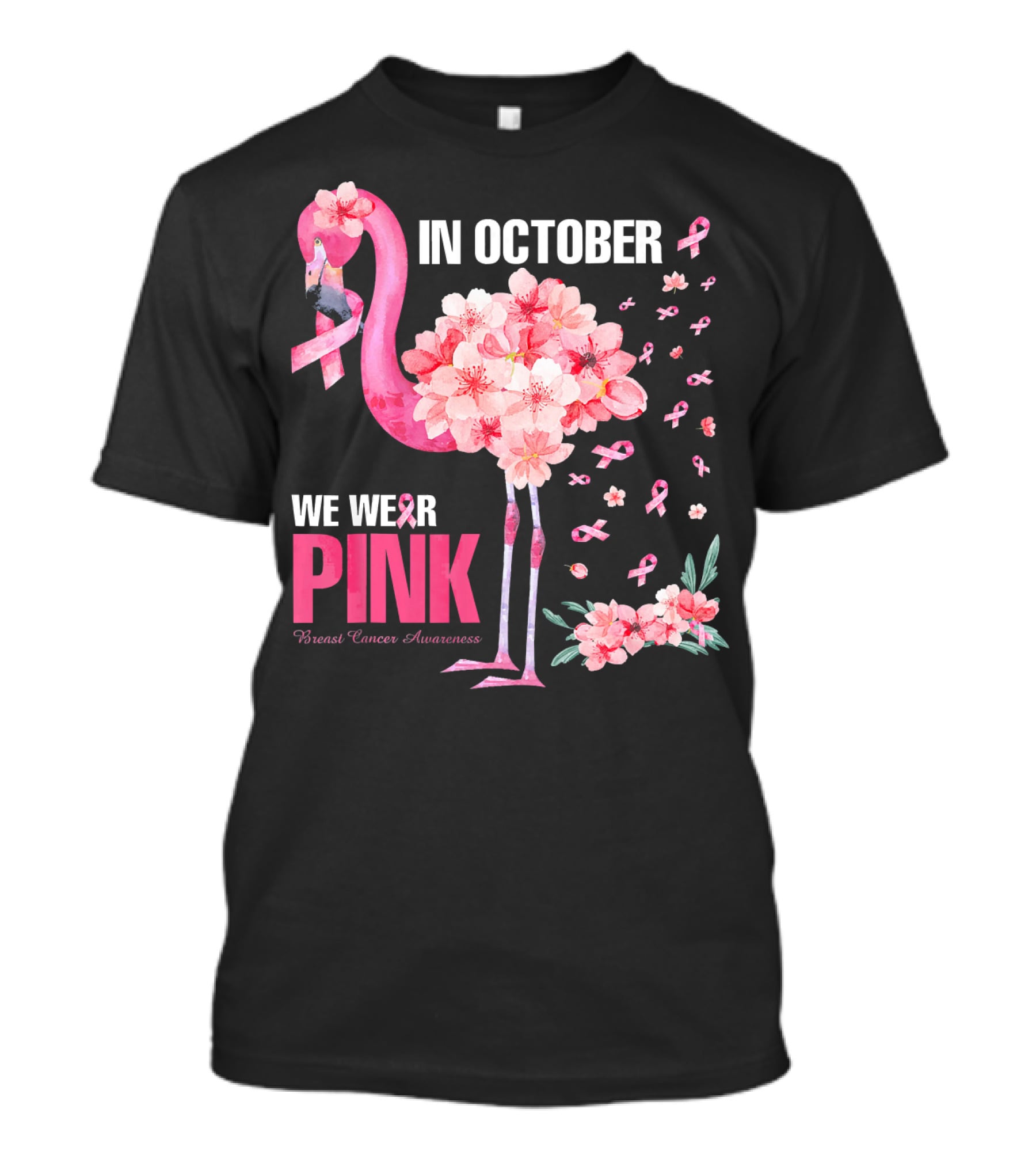 In October We Wear Pink Breast Cancer Awareness Flamingo Cherry Blossom T-Shirt