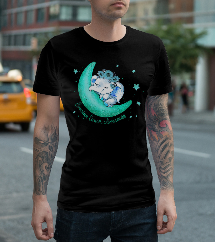 Ovarian Cancer Awareness Cute Elephant on the Moon T-Shirt