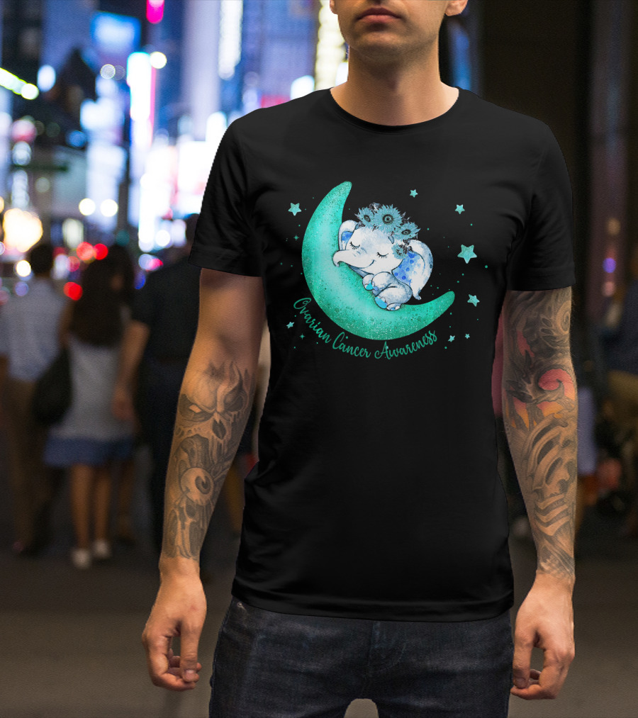 Ovarian Cancer Awareness Cute Elephant On The Moon T-Shirt