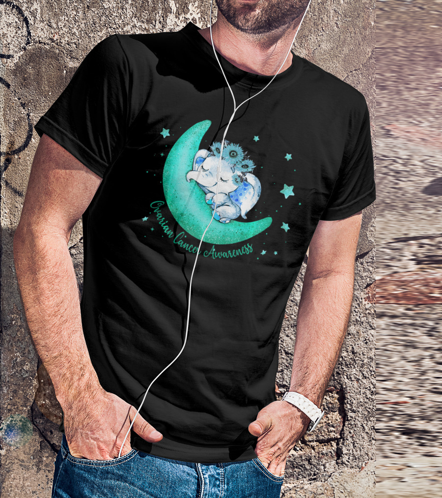 Ovarian Cancer Awareness Cute Elephant On The Moon T-Shirt