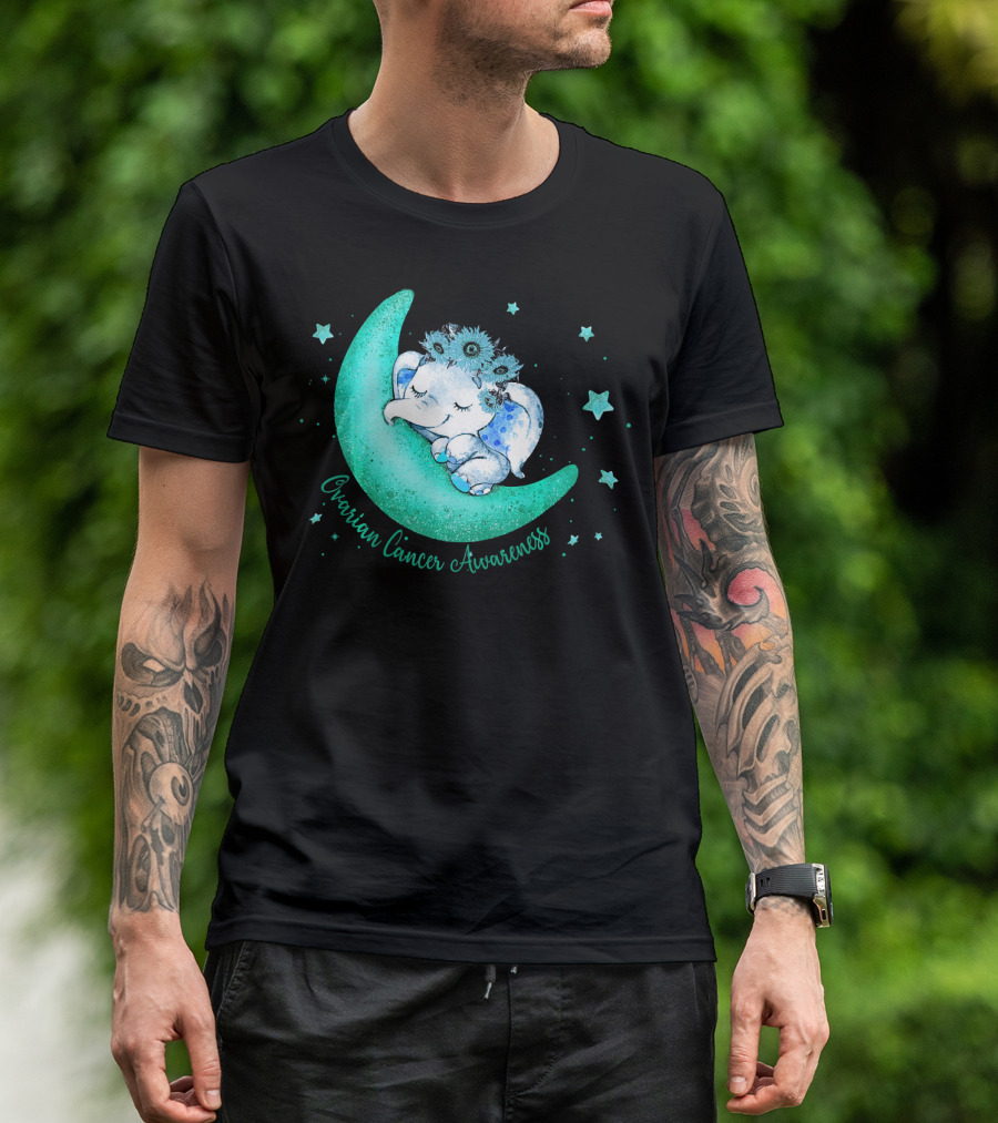 Ovarian Cancer Awareness Cute Elephant On The Moon T-Shirt