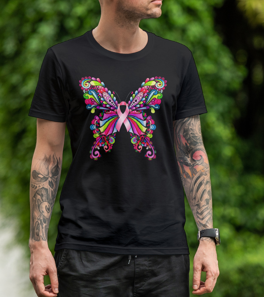 Colorful Hippie Butterfly Breast Cancer Awareness T-Shirt