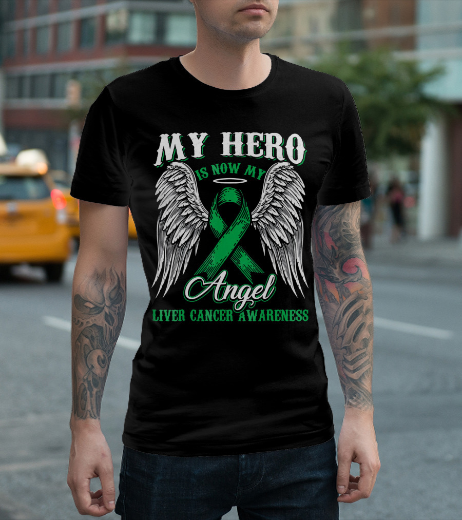 My Hero Is Now My Angel Liver Cancer Awareness Ribbon Wings Halo T-Shirt