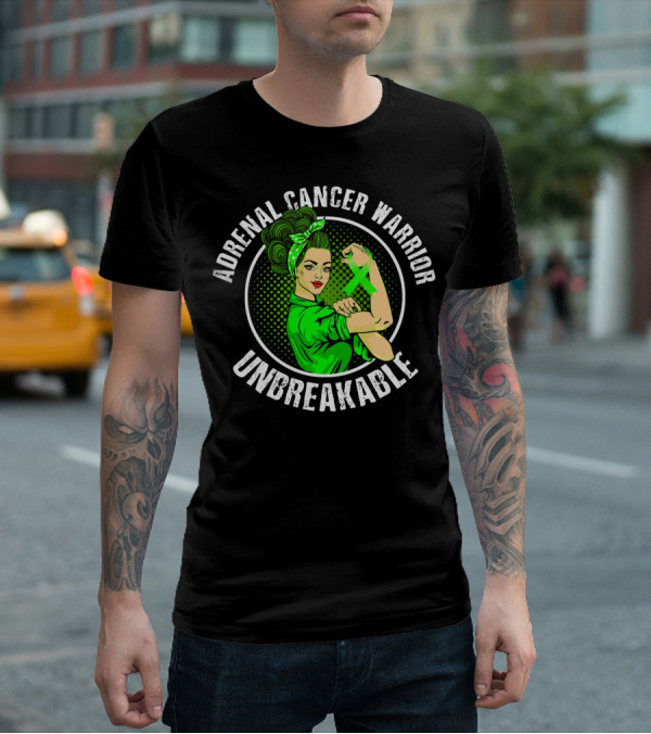 Adrenal Cancer Warrior Unbreakable Rosie The Riveter Green T-Shirt
